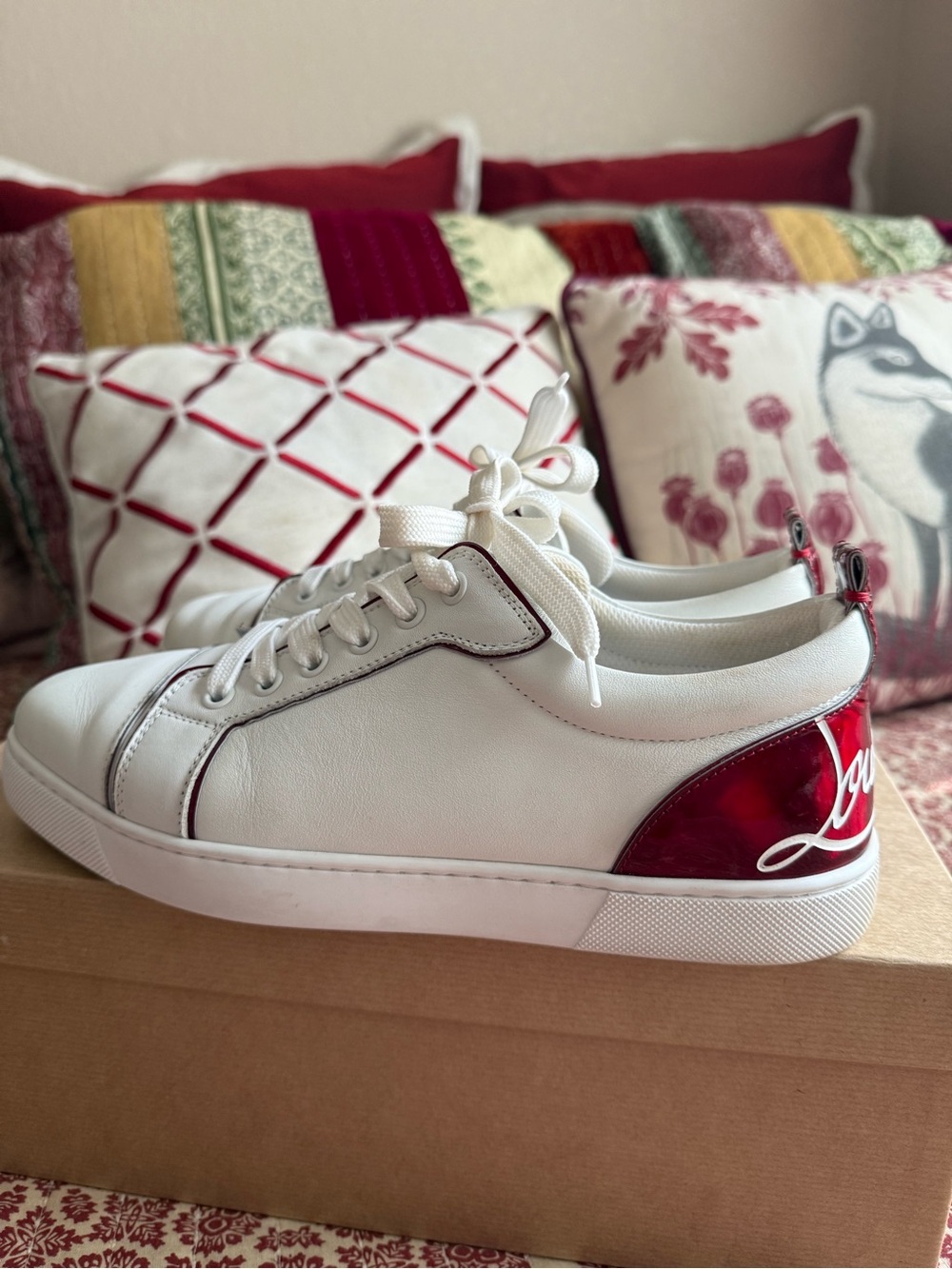Christian Louboutin White Sneakers with Red Metallic Heel Script